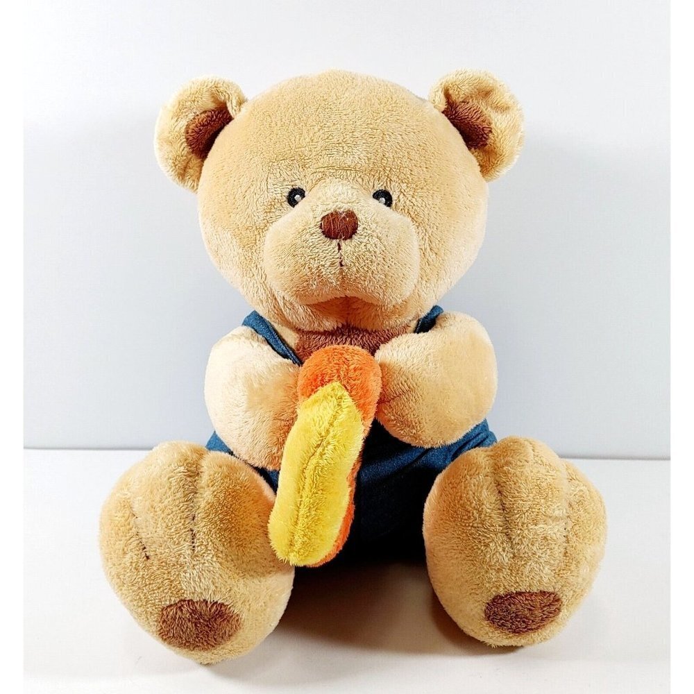 RUSS BERRIE BABY TAN TEDDY BEAR Rattle Blue Overalls Embroidered Eyes Plush RARE